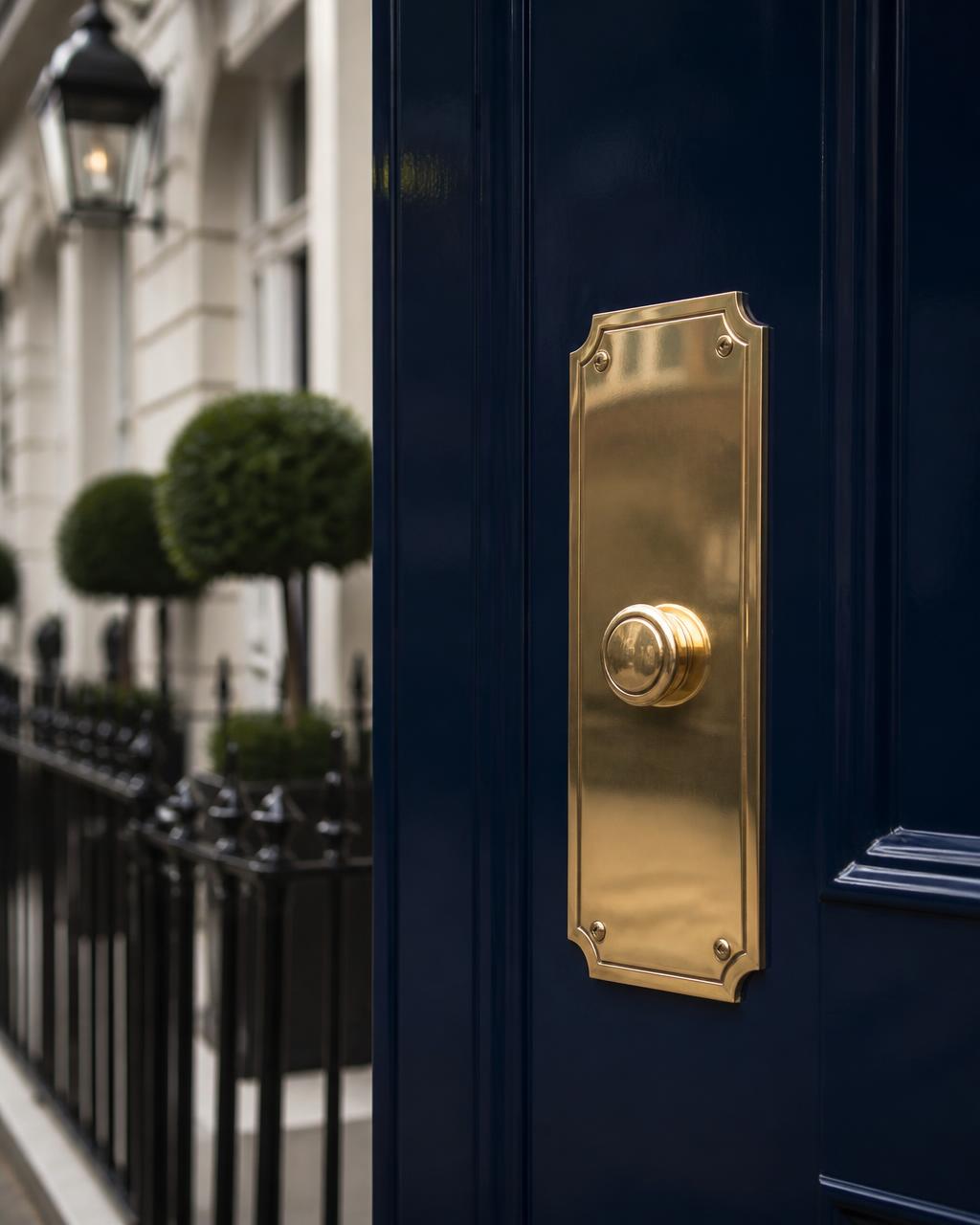 Polished brass door plate on a deep navy London front door